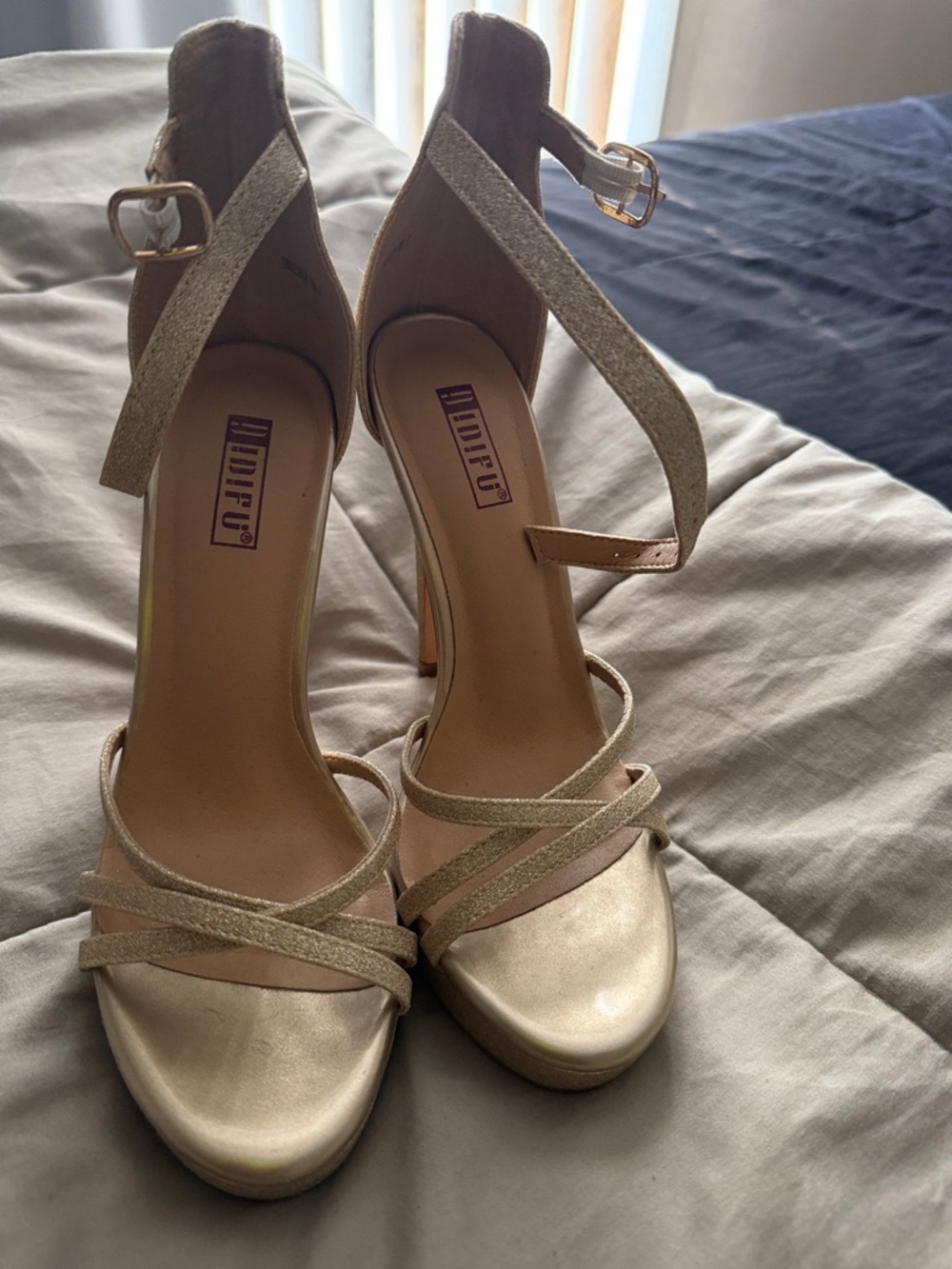 IDIFU Champagne Gold Strappy Ankle Strap Platform Heels